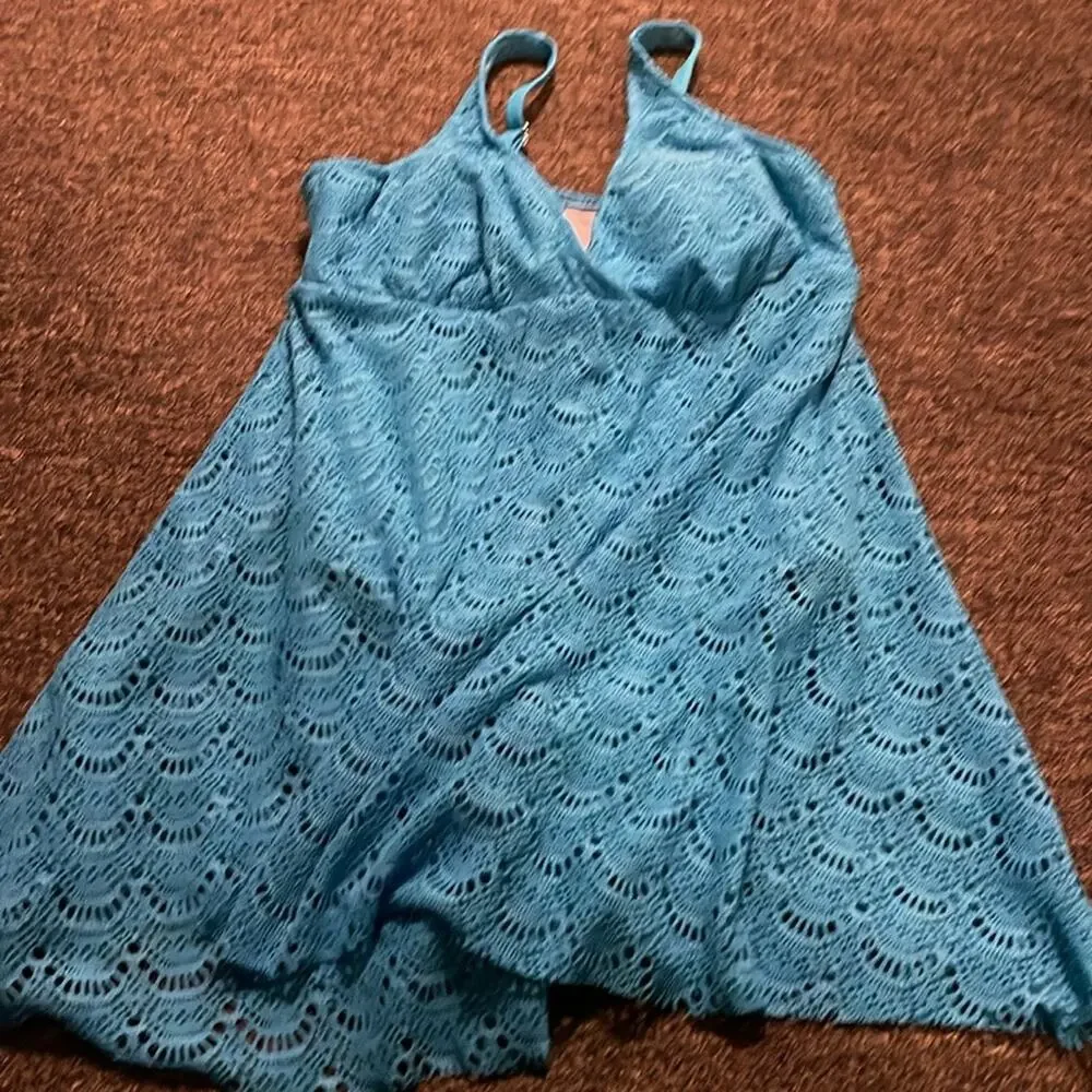Swim Solutions Women's Tummy-Control Flyaway Swimdress NWT Blue Size 10 - Picture 2 of 4